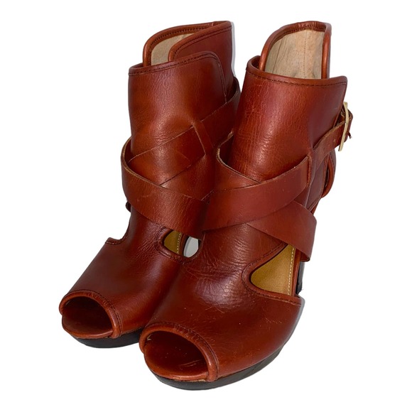 Kelsi Dagger Marcelle Cognac Leather Ankle Bootie Buckle Strap Open Toe 7.5 US - Picture 4 of 15